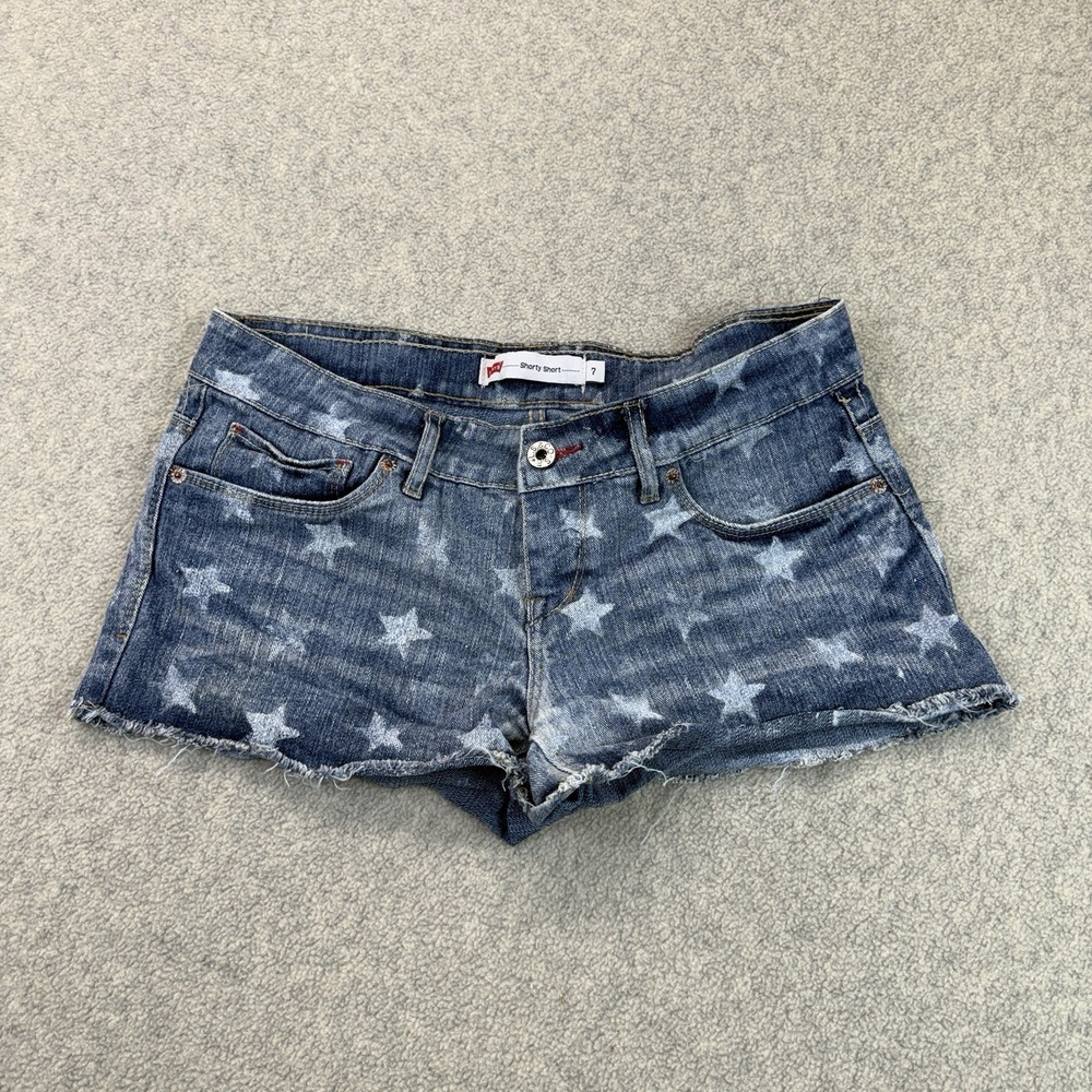 Levi's Women's Shorty Short Denim Shorts Size 7 Blue Star Print Frayed Hem